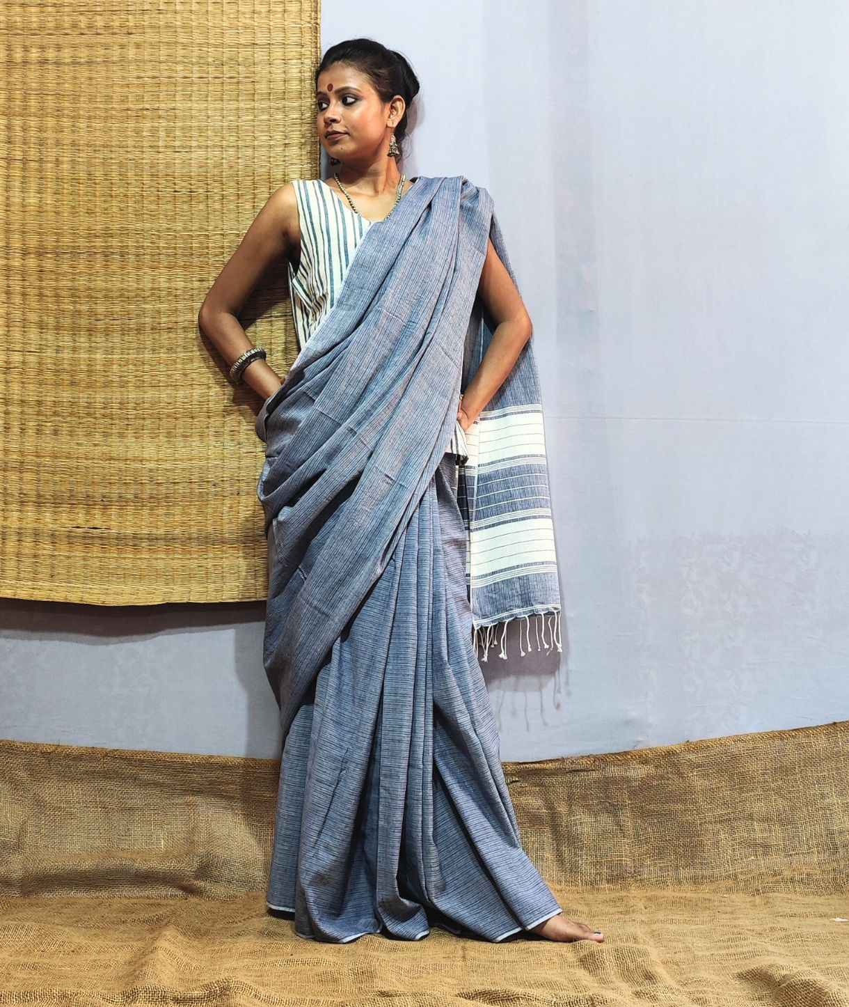 Cornflower Blue Handloom Cotton Saree