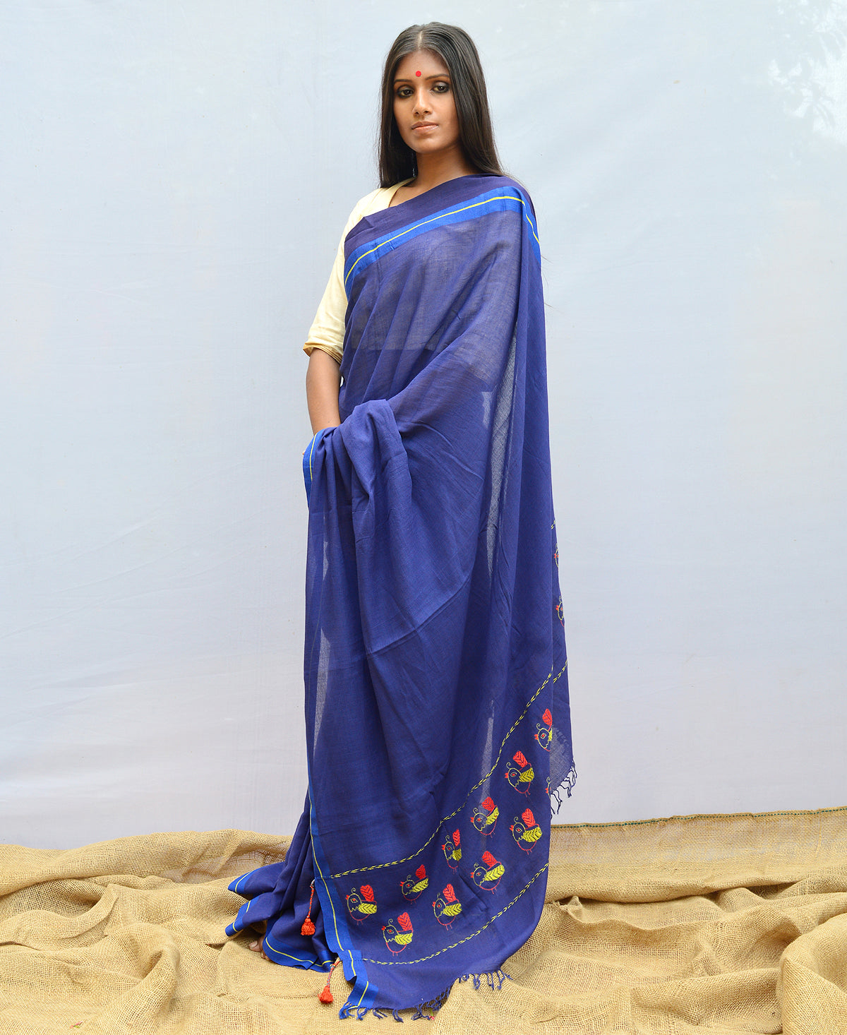 Midnight Blue Kantha Embroidered Cotton Saree