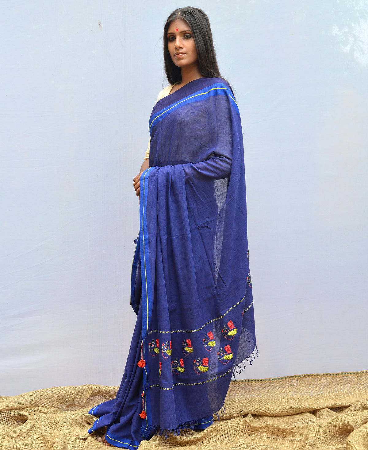 Midnight Blue Kantha Embroidered Cotton Saree