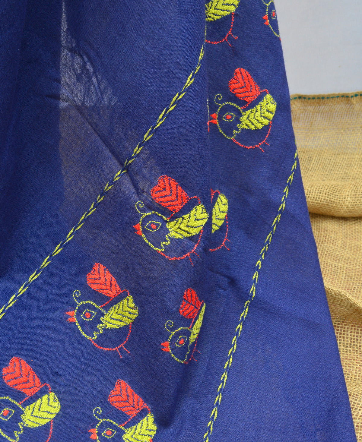 Midnight Blue Kantha Embroidered Cotton Saree