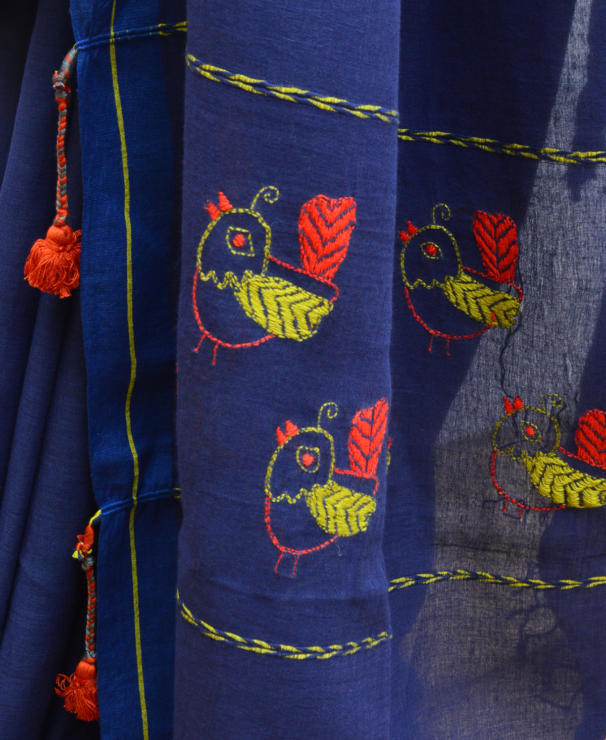 Midnight Blue Kantha Embroidered Cotton Saree