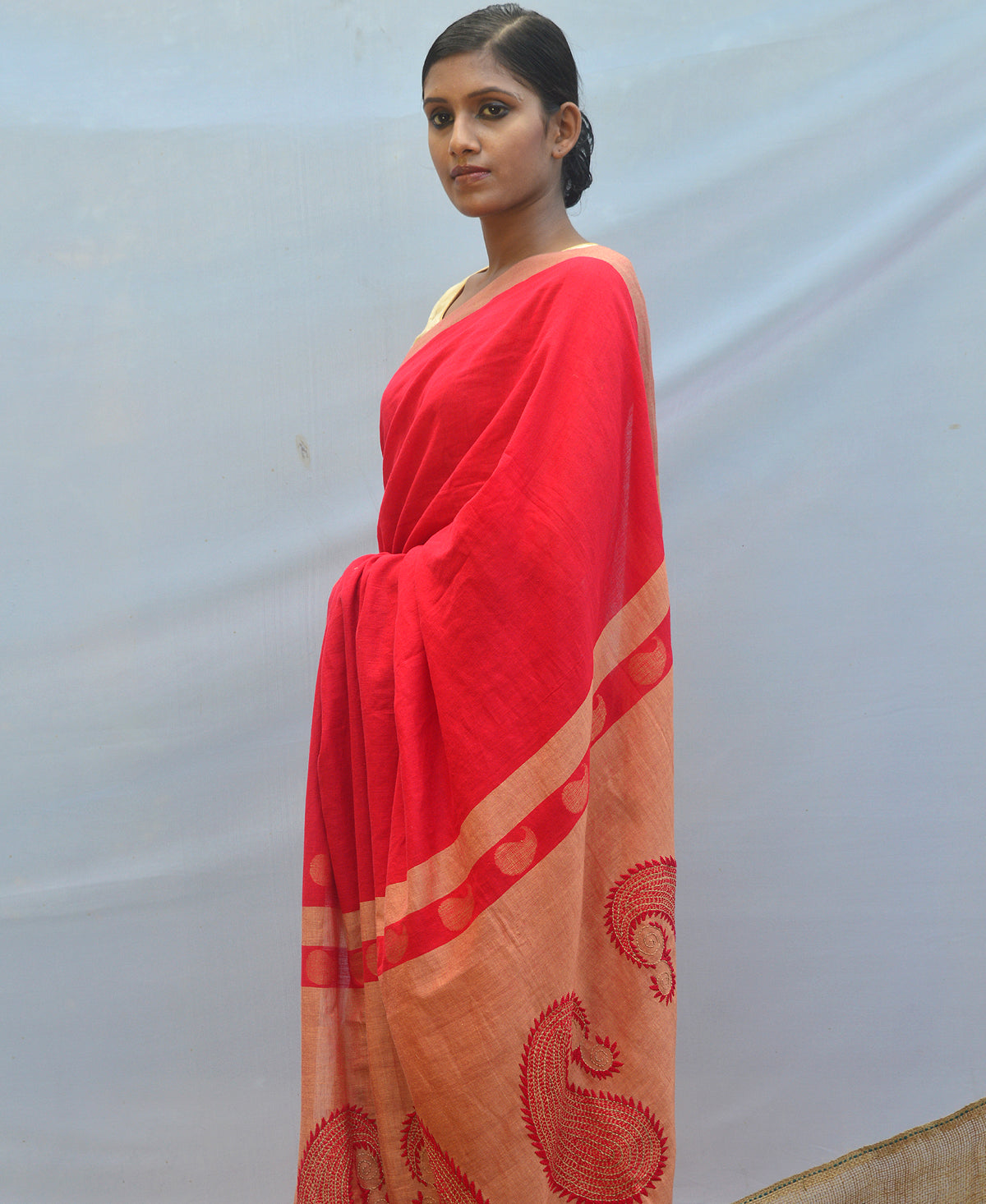 Rich Red Contemporary Kantha Saree