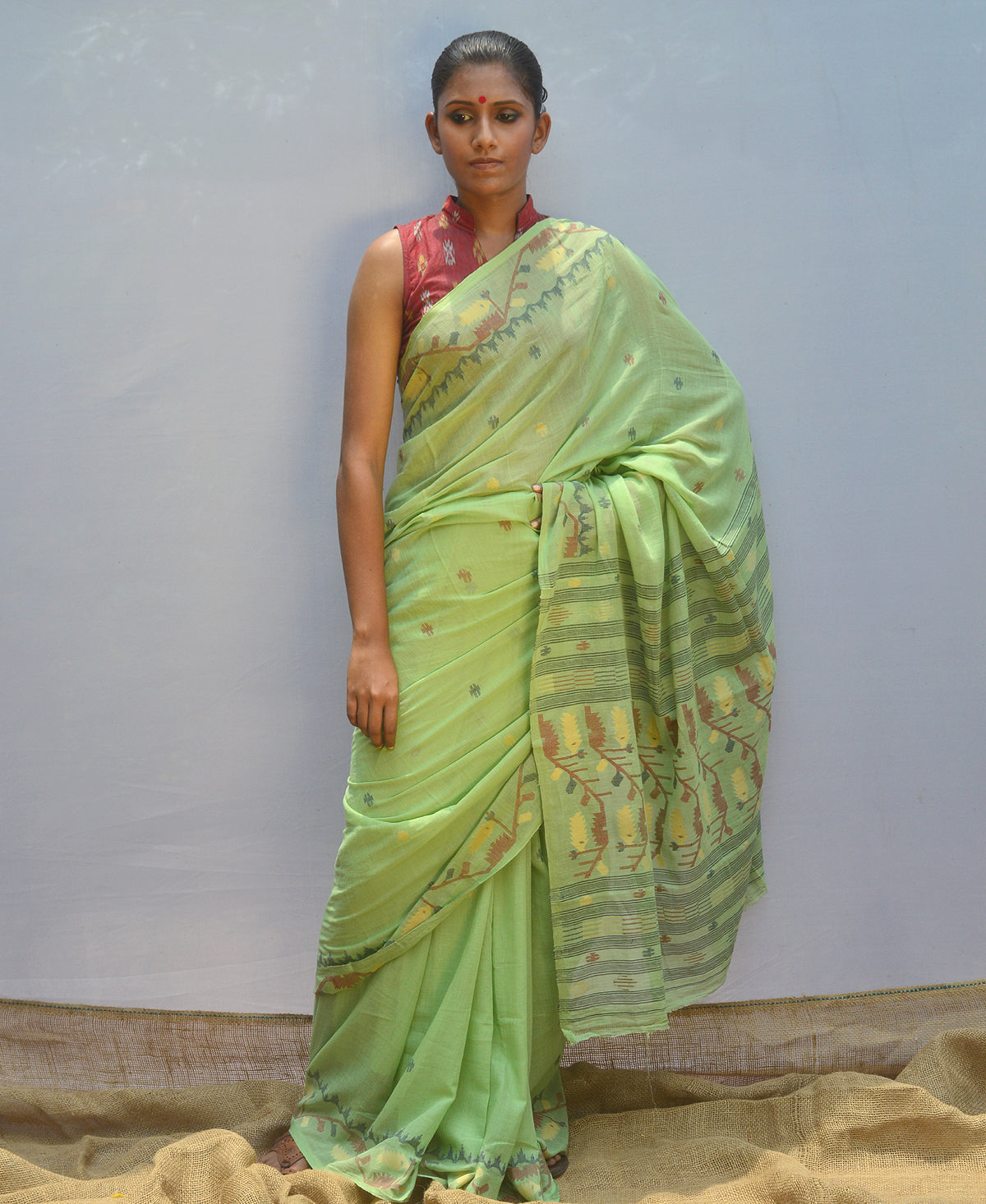 Olive Green Fine Count Jamadani Saree
