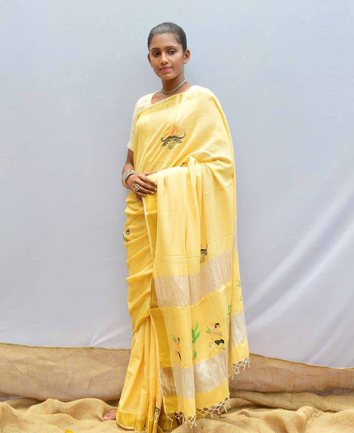 Laguna Yellow Contemporary Kantha Saree