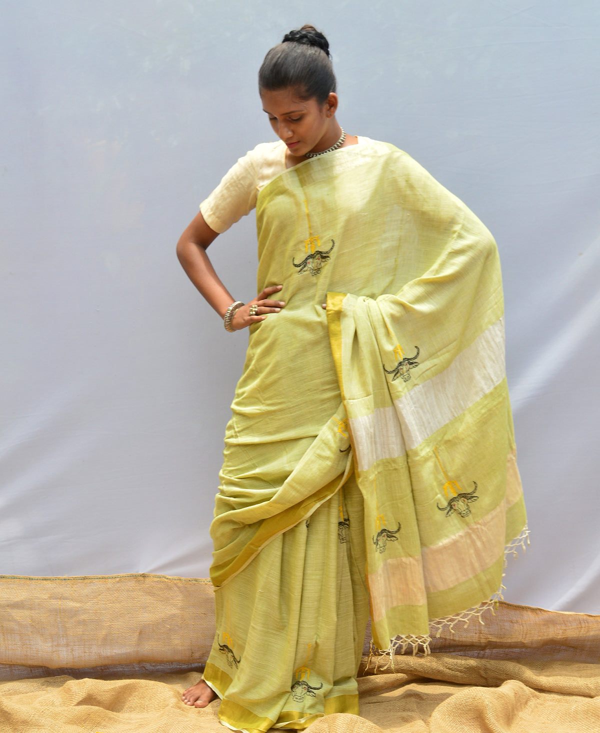 Light Pear Green Contemporary Kantha Saree