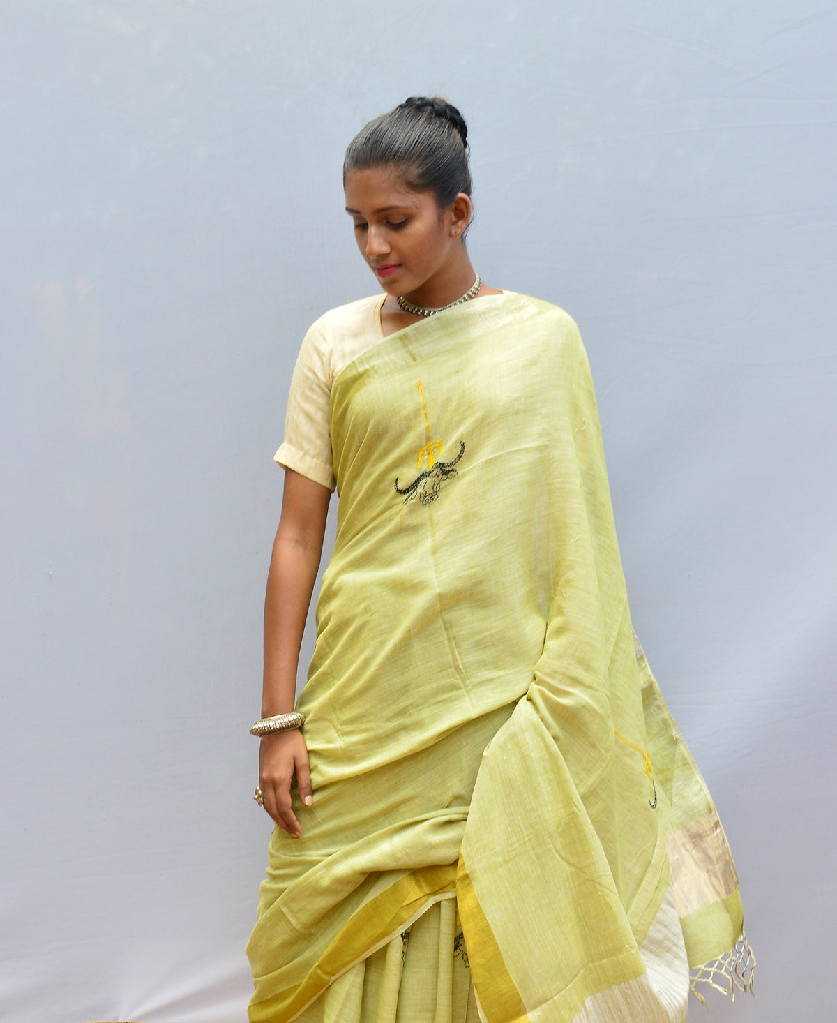 Light Pear Green Contemporary Kantha Saree