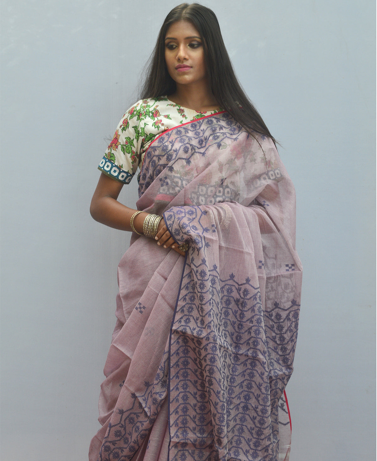 Dusky Mauve Deep Indigo Silk Cotton Jamdani Saree