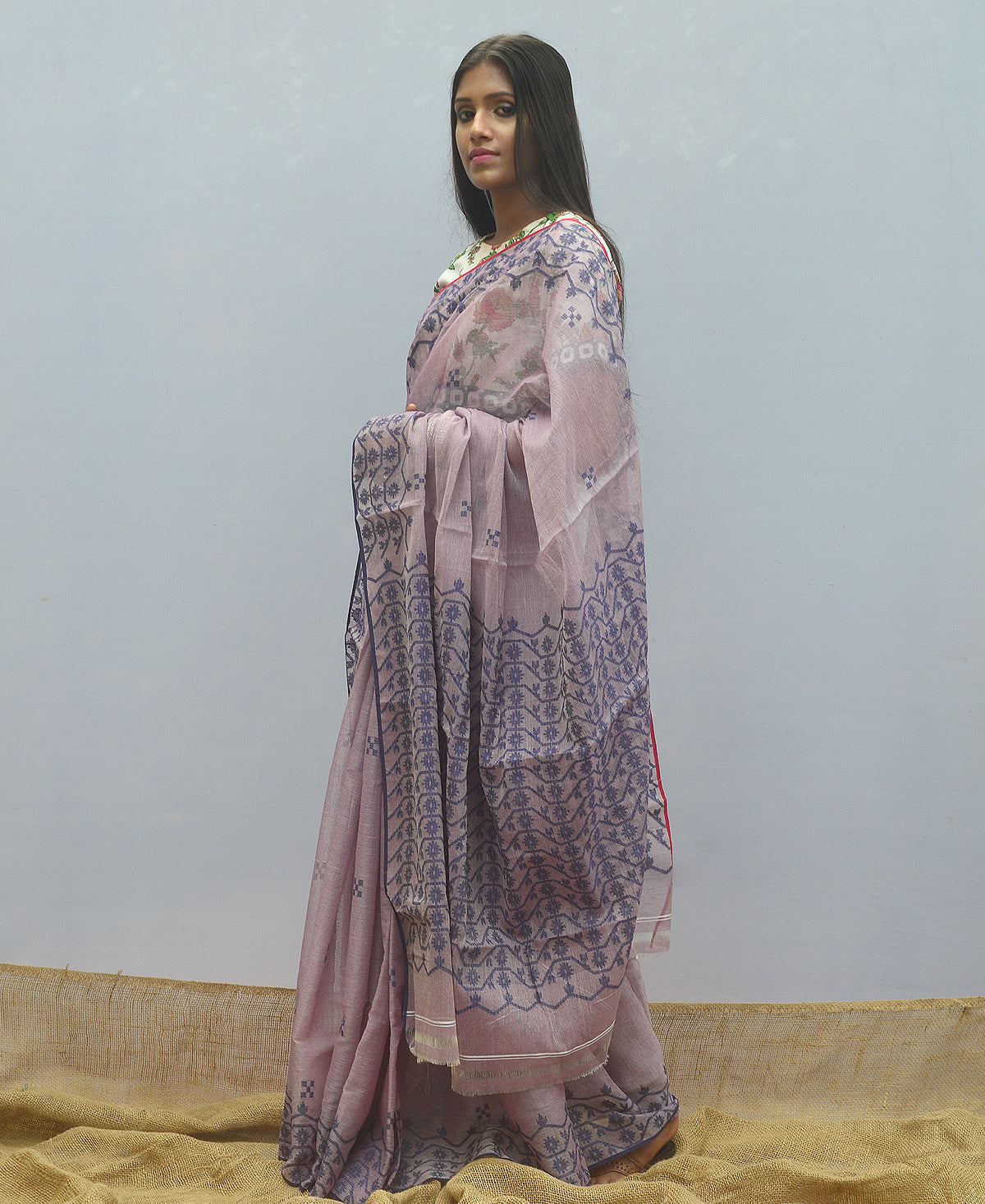 Dusky Mauve Deep Indigo Silk Cotton Jamdani Saree