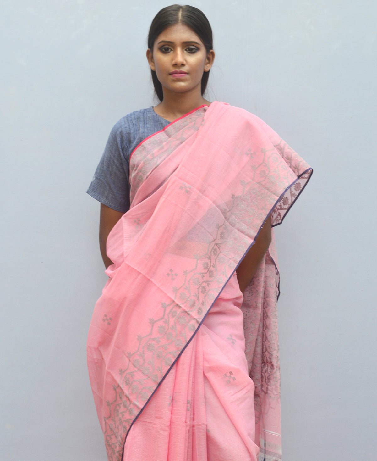 Silver Grey On Baby Pink Silk Cotton Jamdani Saree