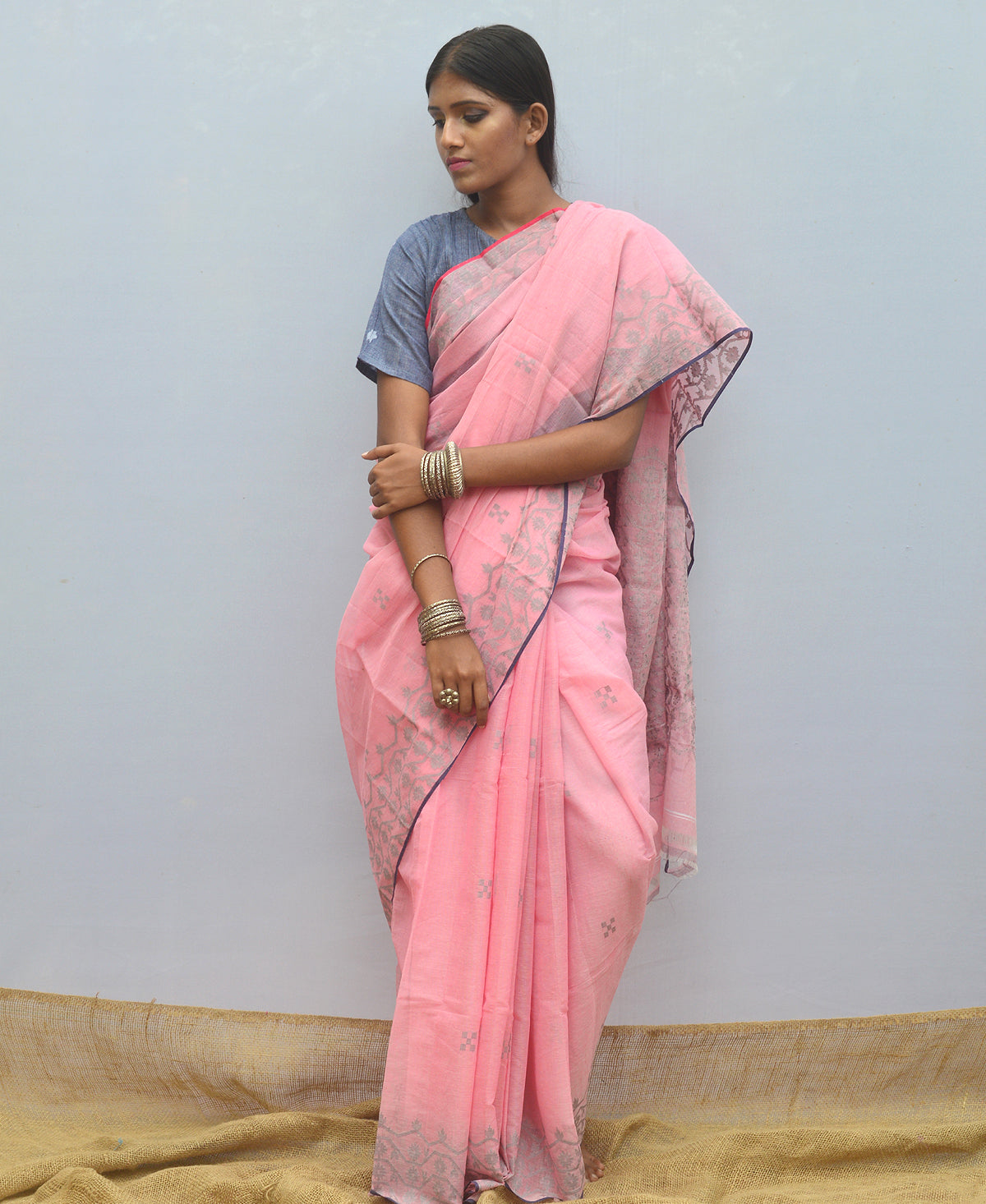 Silver Grey On Baby Pink Silk Cotton Jamdani Saree