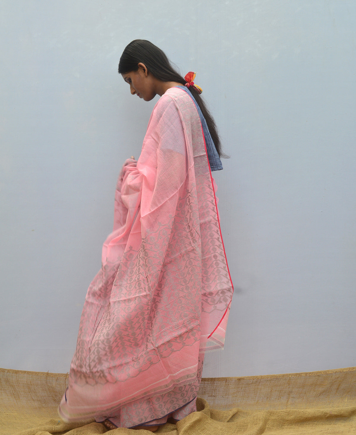Silver Grey On Baby Pink Silk Cotton Jamdani Saree