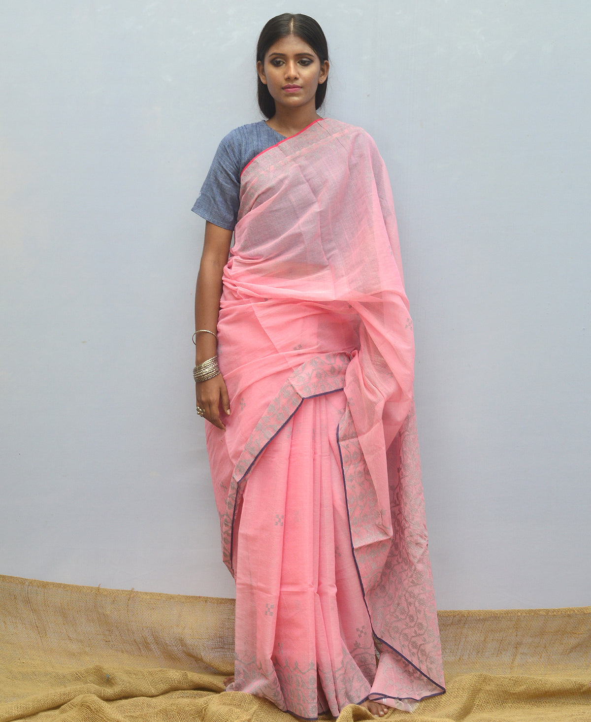 Silver Grey On Baby Pink Silk Cotton Jamdani Saree