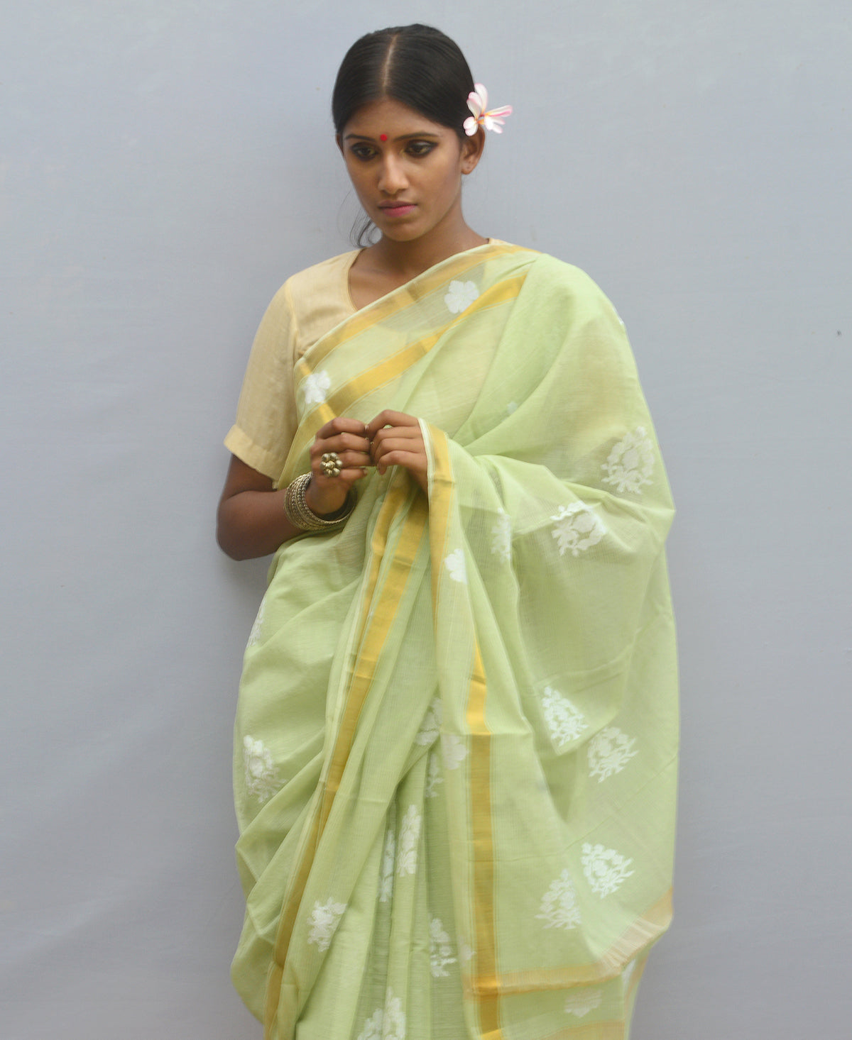 Lime Green Silk Cotton Jamdani Saree