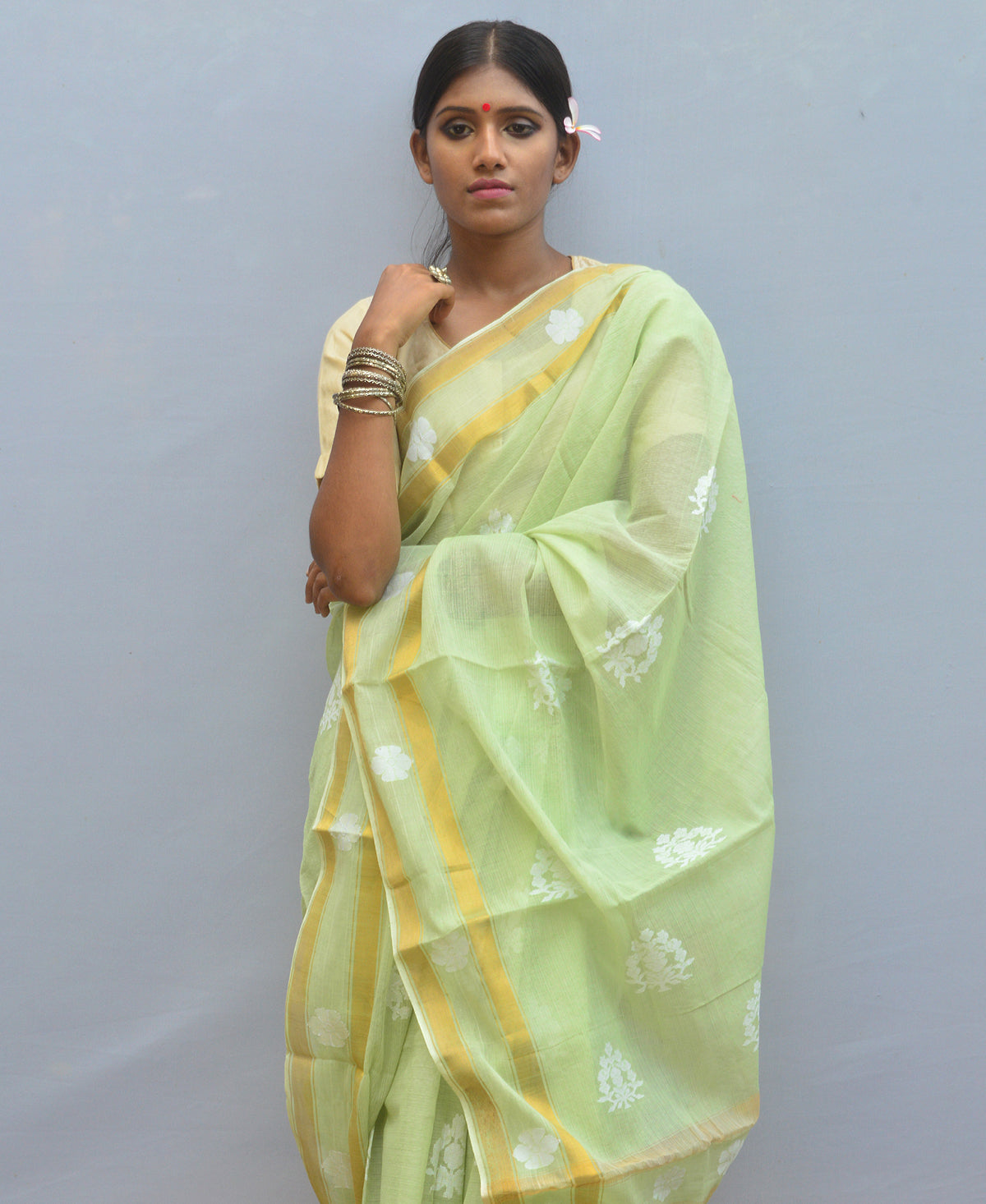 Lime Green Silk Cotton Jamdani Saree