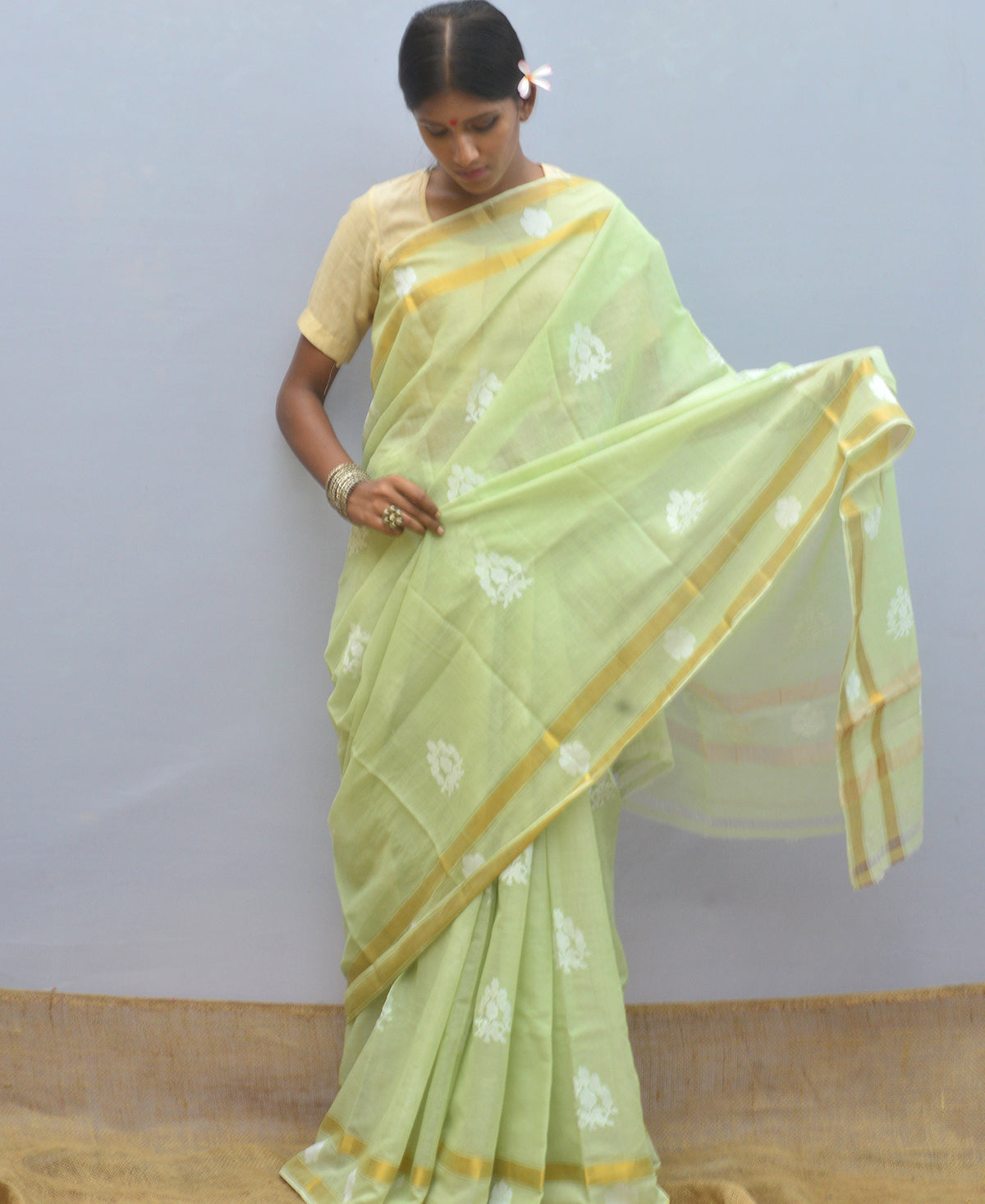 Lime Green Silk Cotton Jamdani Saree