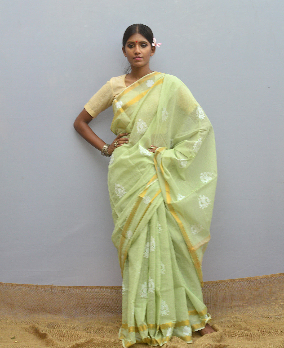 Lime Green Silk Cotton Jamdani Saree