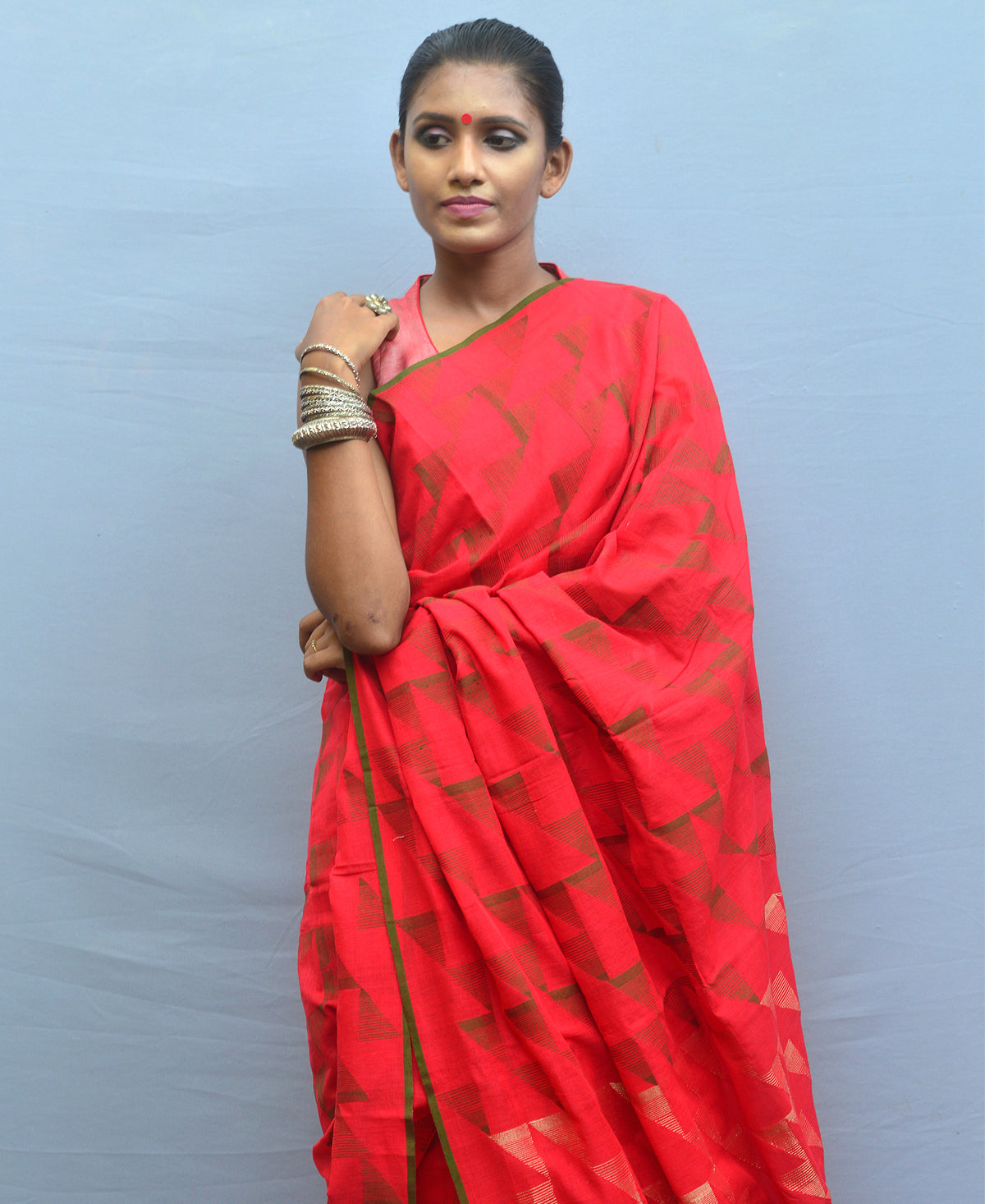 Candy Red Handwoven Cotton Jamdani Saree