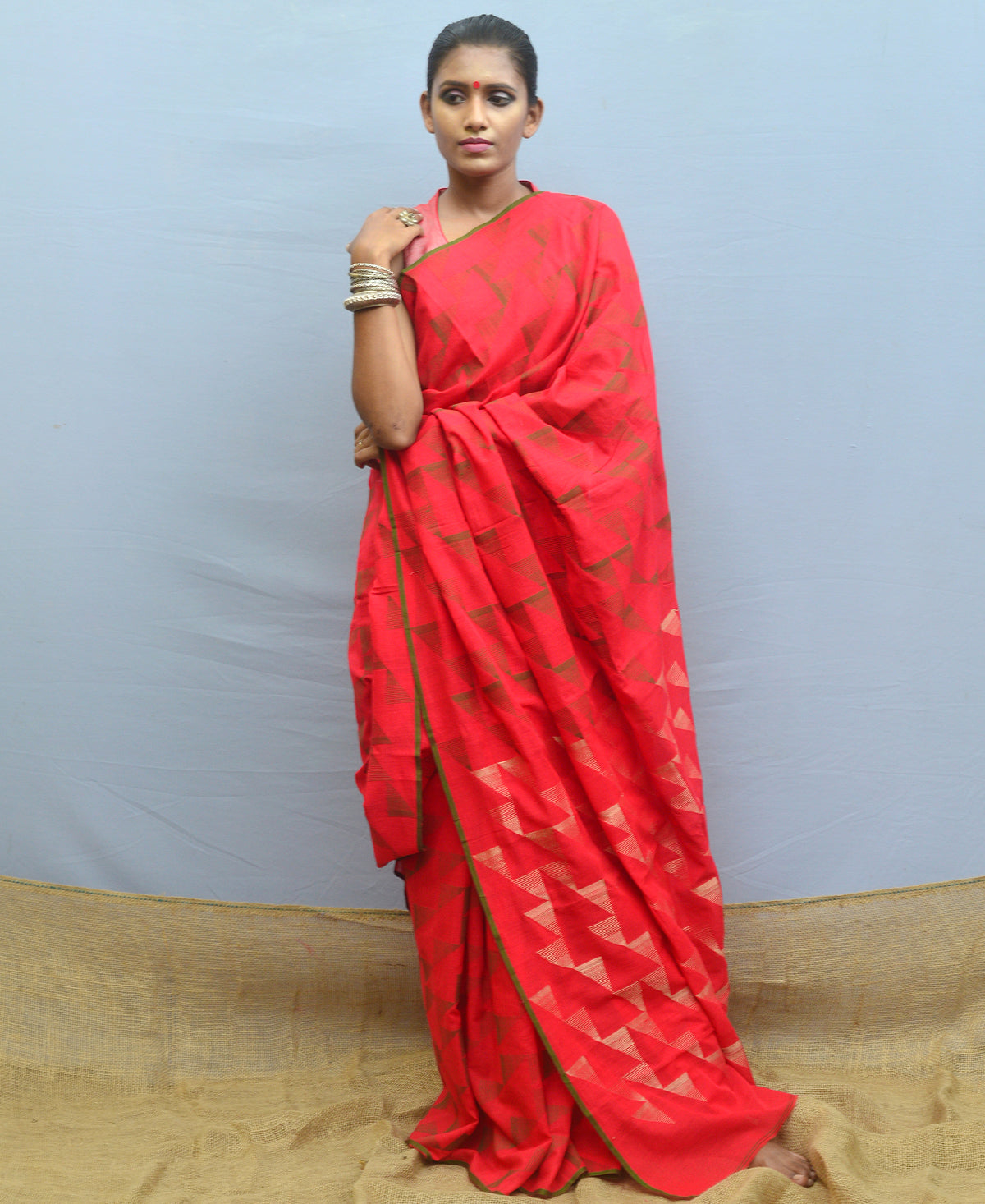 Candy Red Handwoven Cotton Jamdani Saree