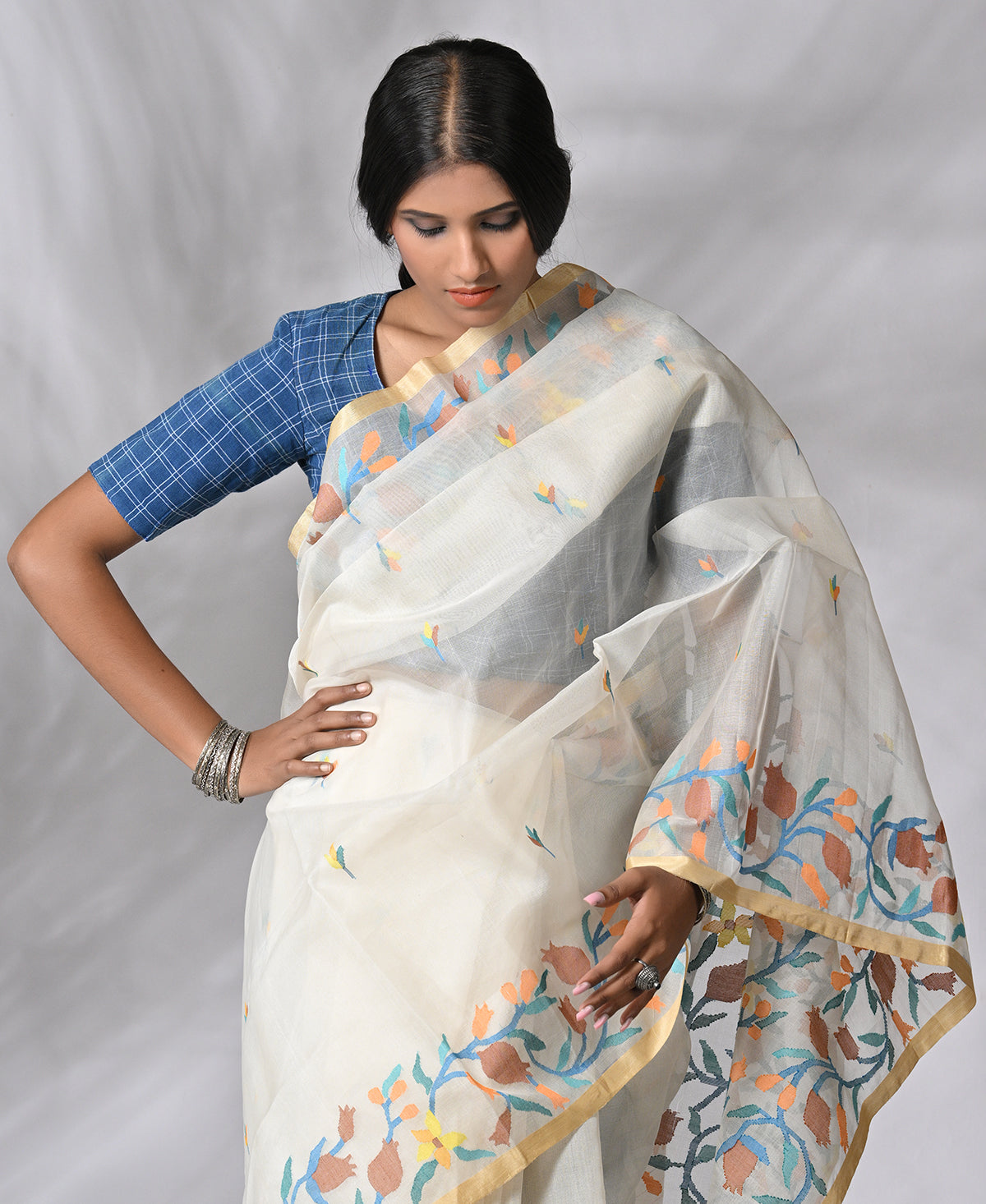 Colorful Pomegranate Vine On Organza Jamdani Saree