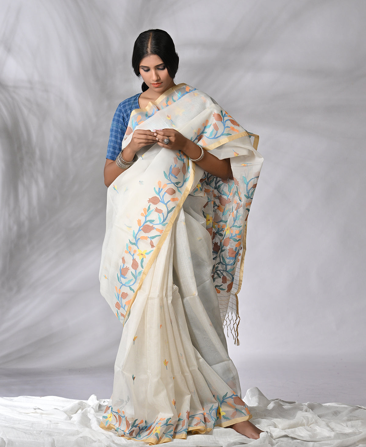 Colorful Pomegranate Vine On Organza Jamdani Saree