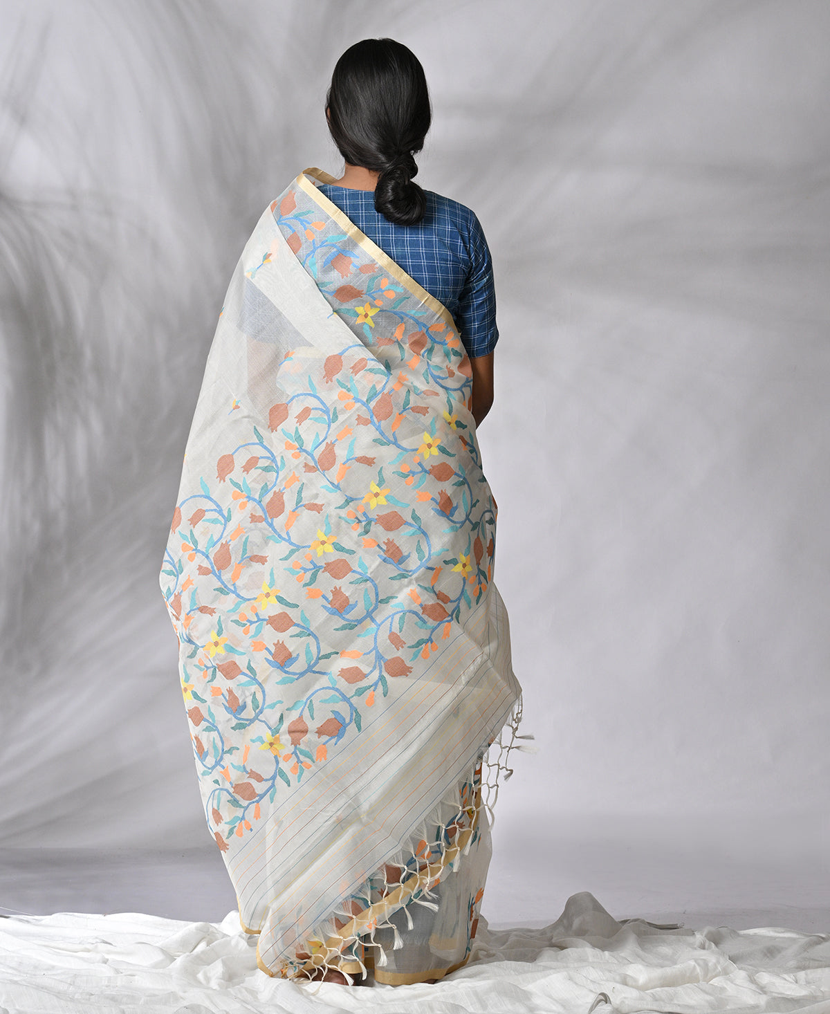 Colorful Pomegranate Vine On Organza Jamdani Saree