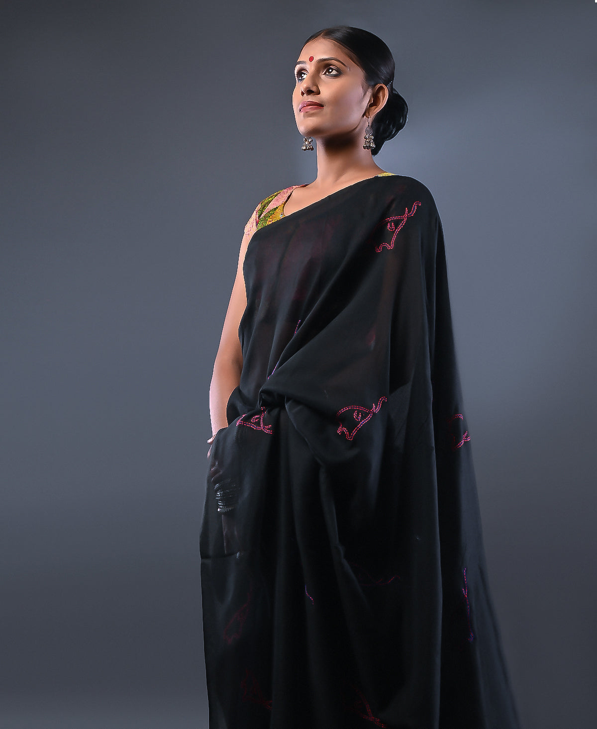 Baby Elephant Kantha On Black Handloom Cotton Saree