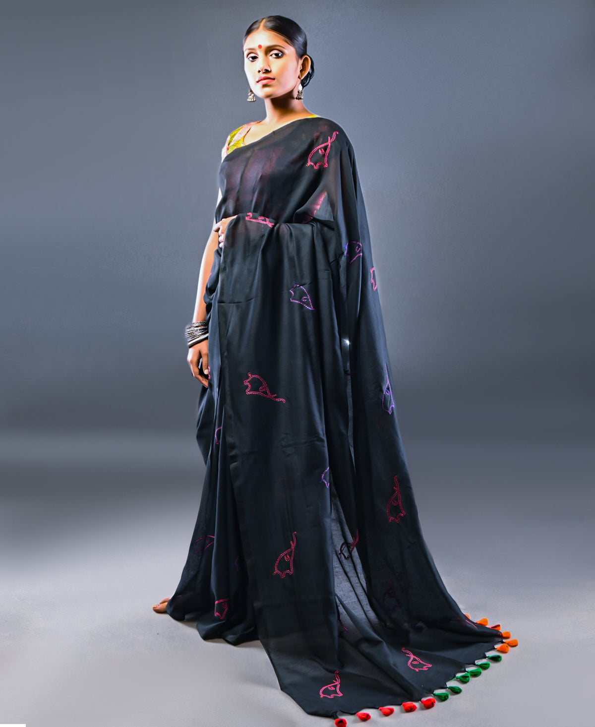 Baby Elephant Kantha On Black Handloom Cotton Saree