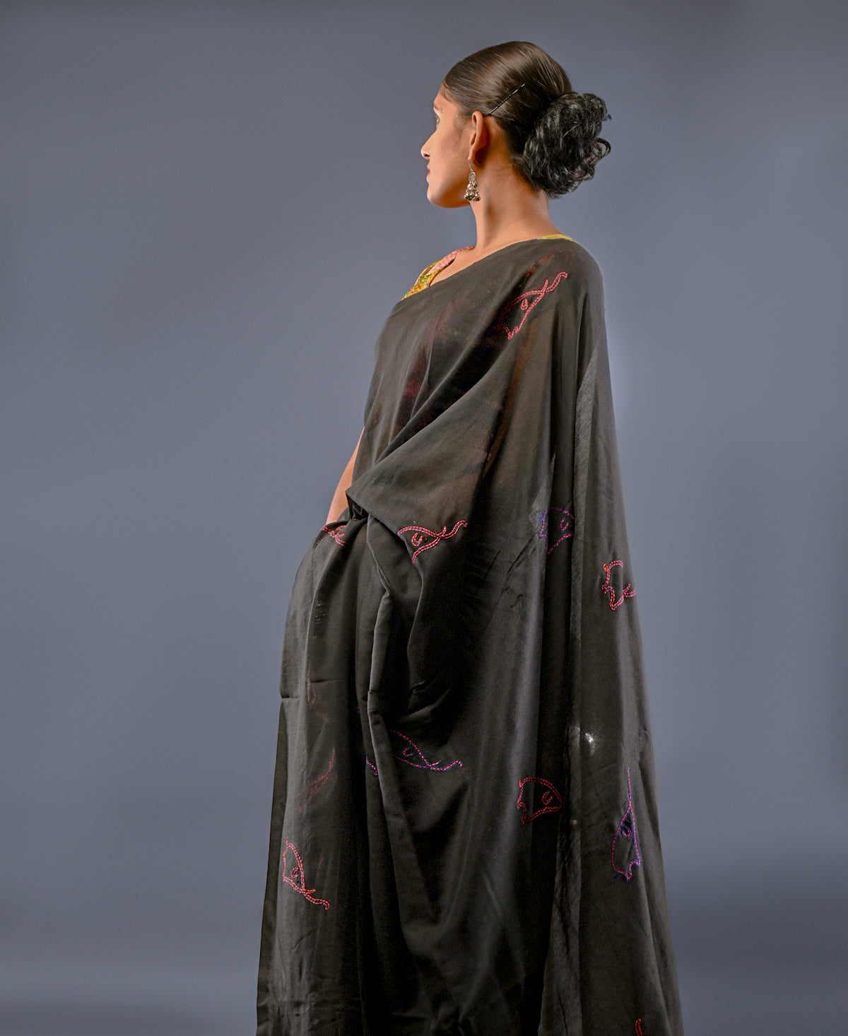 Baby Elephant Kantha On Black Handloom Cotton Saree