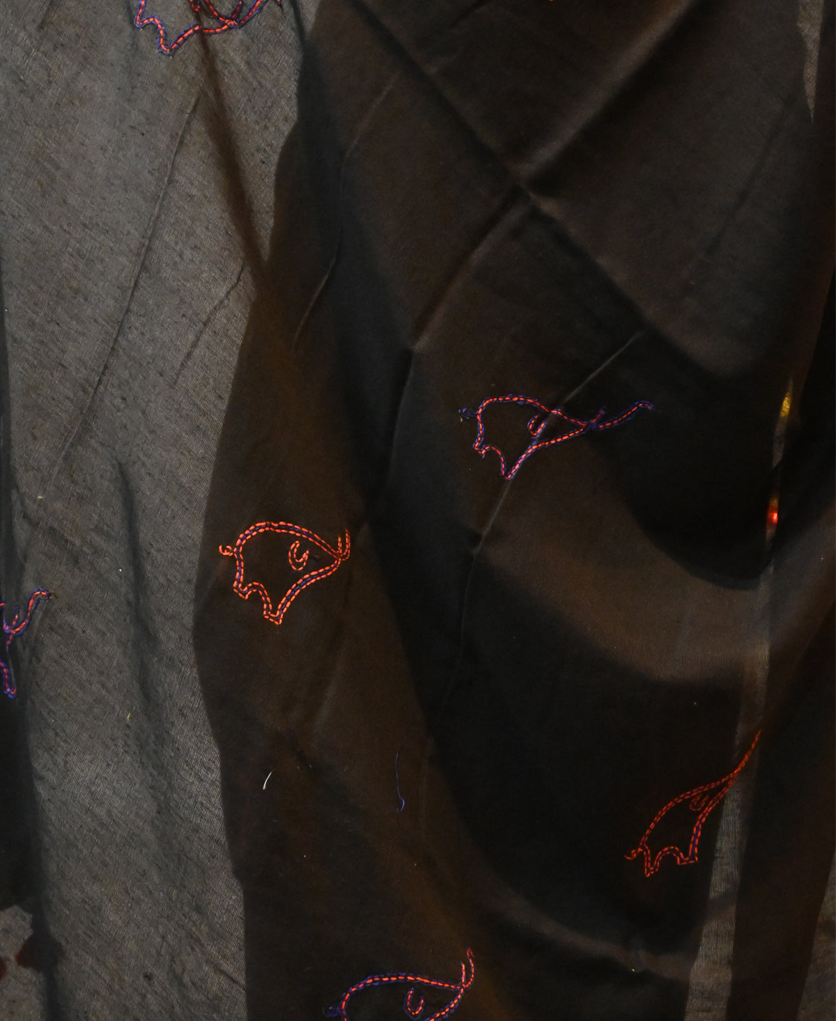 Baby Elephant Kantha On Black Handloom Cotton Saree