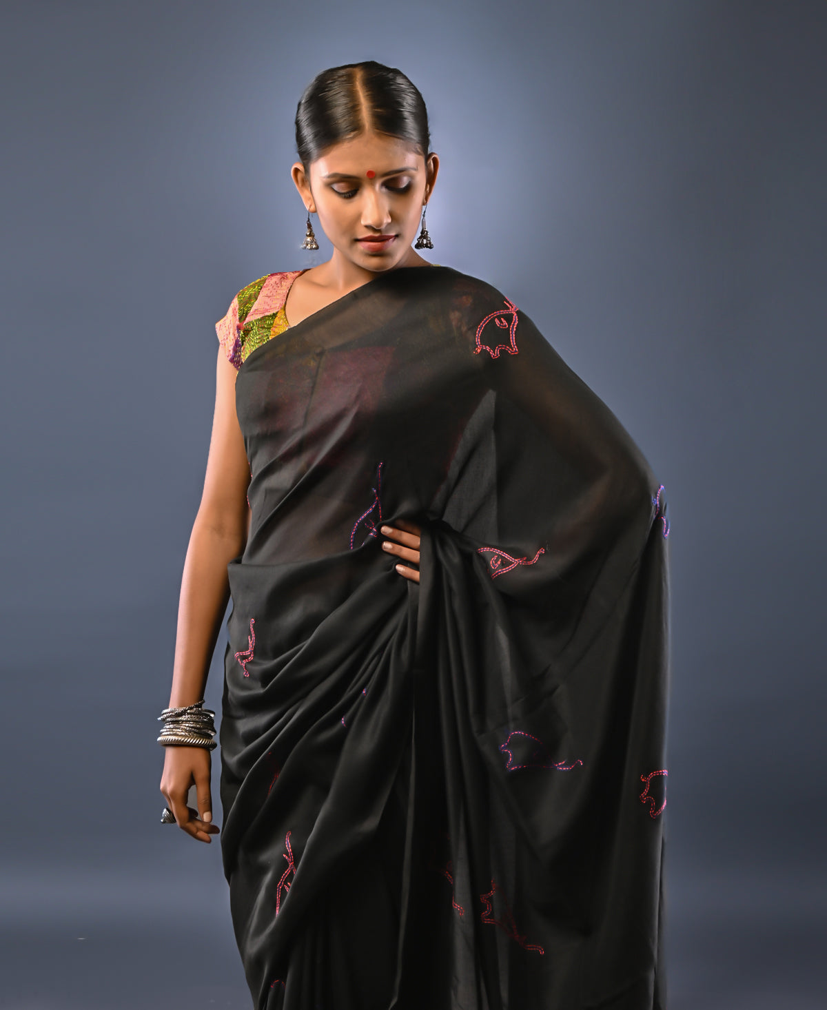 Baby Elephant Kantha On Black Handloom Cotton Saree